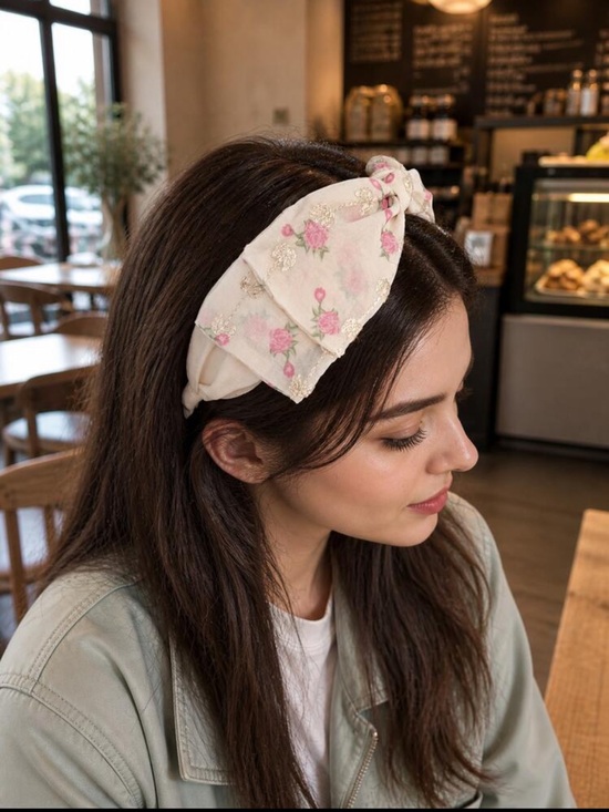 Accessories - White Floral Embroidered Knot Headband - Women Accessories